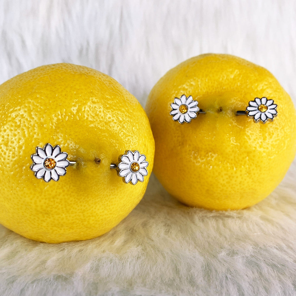 14G 9/16 Yellow Gem White Daisy Flower Hippie Nipple Ring Set