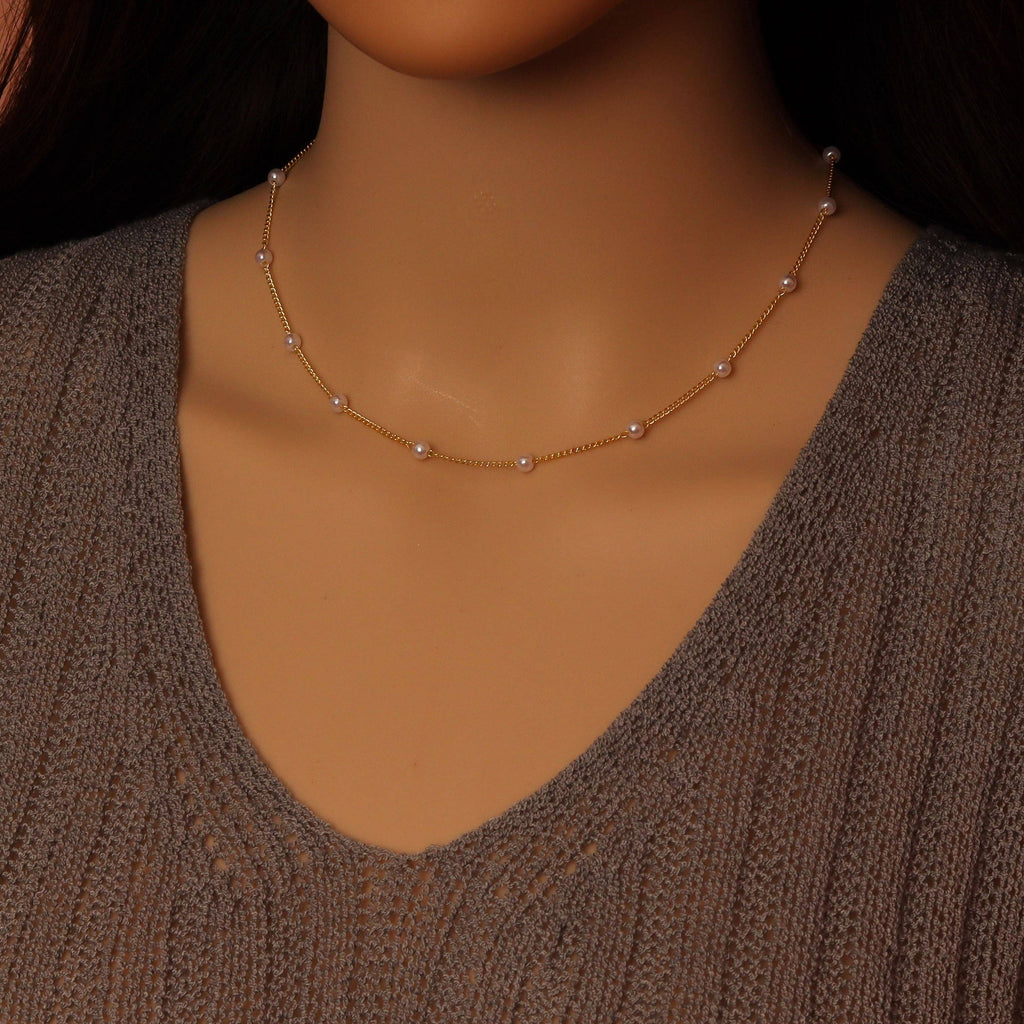 Gold Silver Dainty Pearl Chain Necklace, Sku#EF582