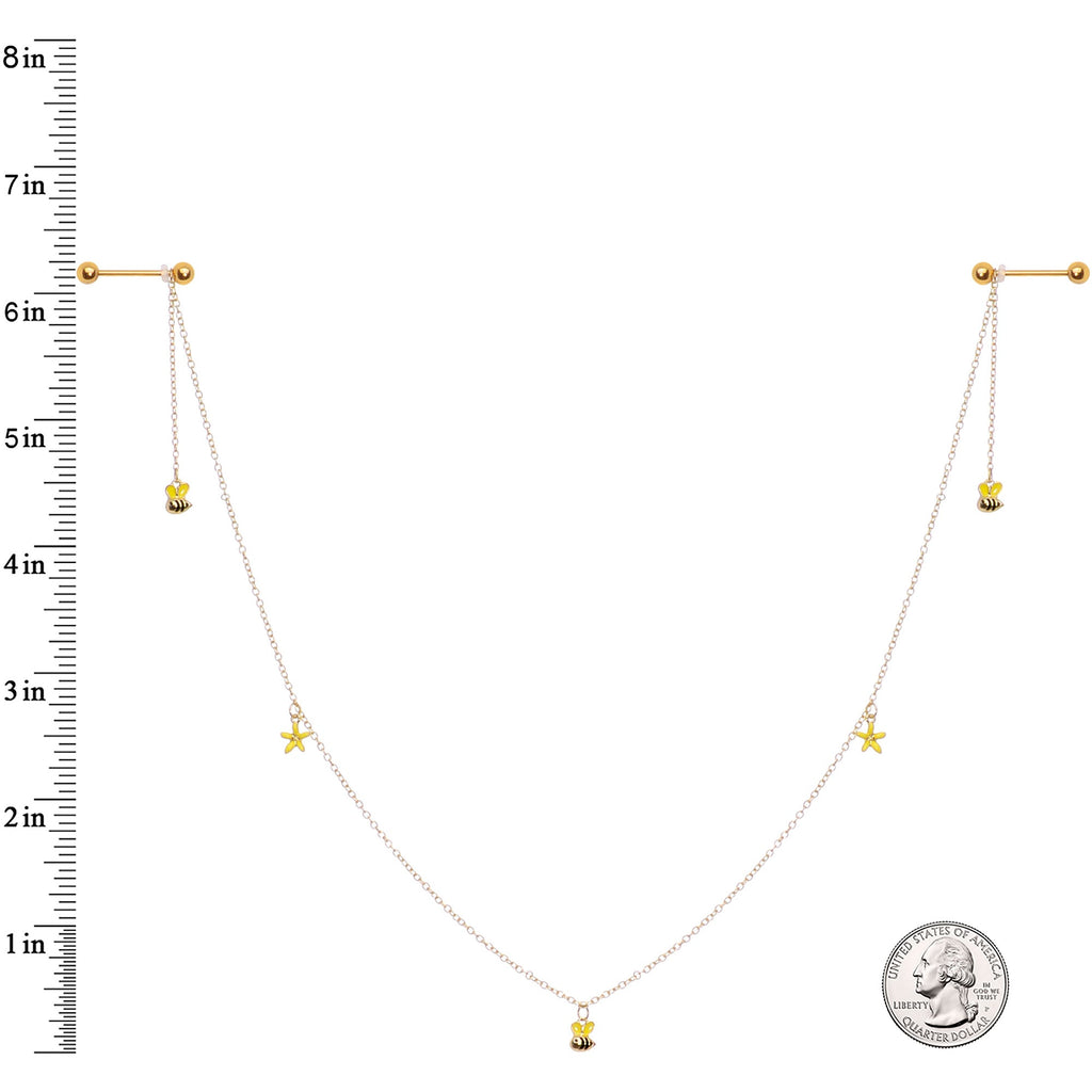 14G 9/16 Gold Tone Yellow Flower Bee Dangle Nipple Chain