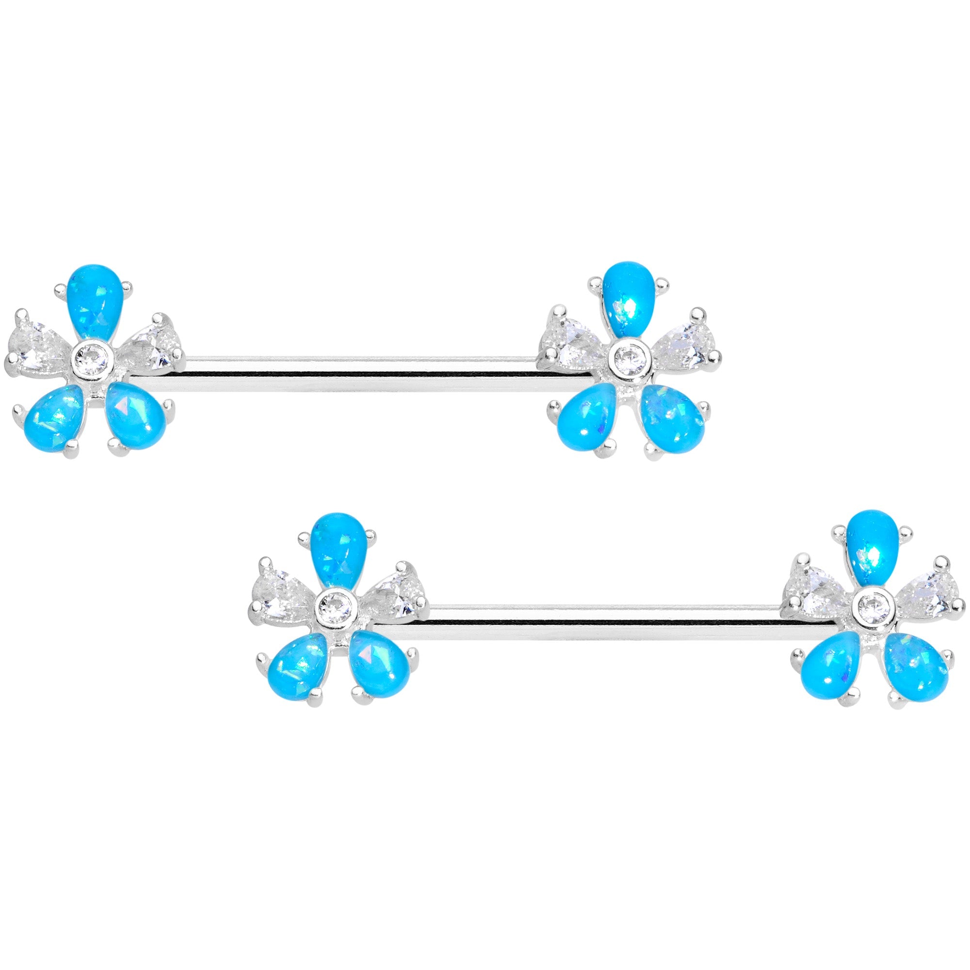14G 9/16 Aqua Faux Opal Flower Barbell Nipple Ring Set