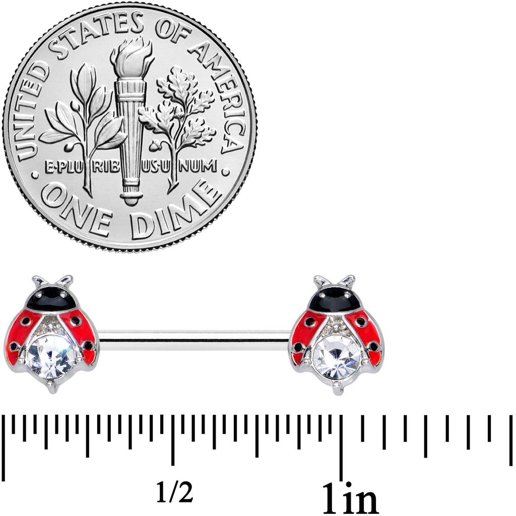 14G 9/16 Clear Gem Red Black Ladybug Barbell Nipple Ring Set