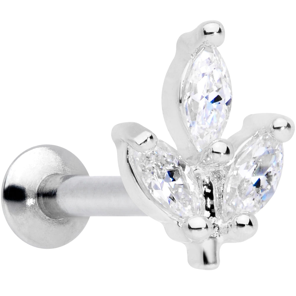 16G 5/16 CZ Gem Leaf Threadless Push In Labret Tragus