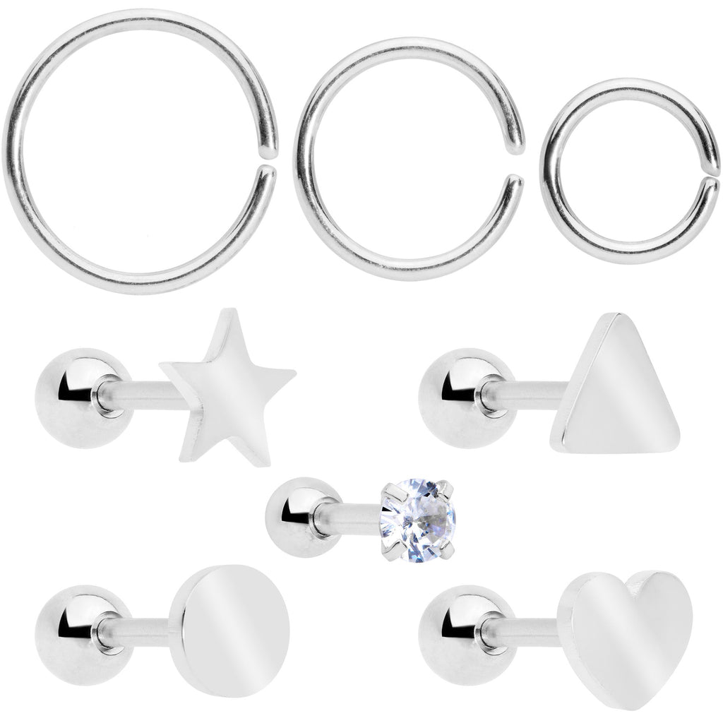 18G Clear CZ Gem Heart Cartilage Tragus Set of 8