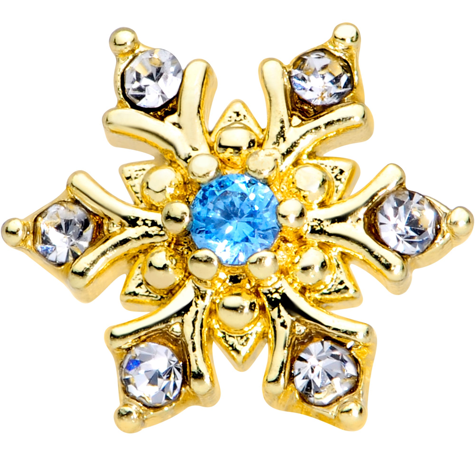 16G 5/16 Blue CZ Gold Tone Snowflake Christmas Labret Tragus