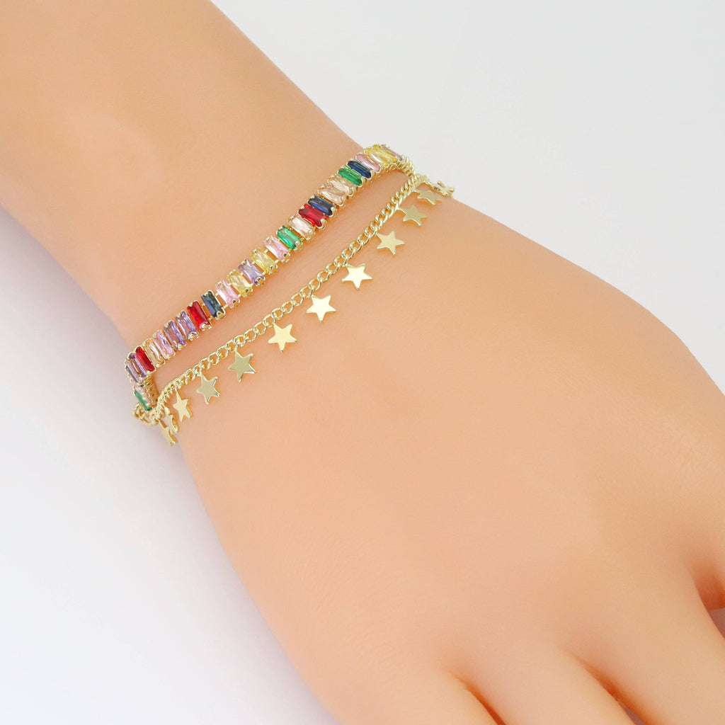 Multicolor Baguette CZ Star Chain Adjustable Bracelet, Sku#LX488