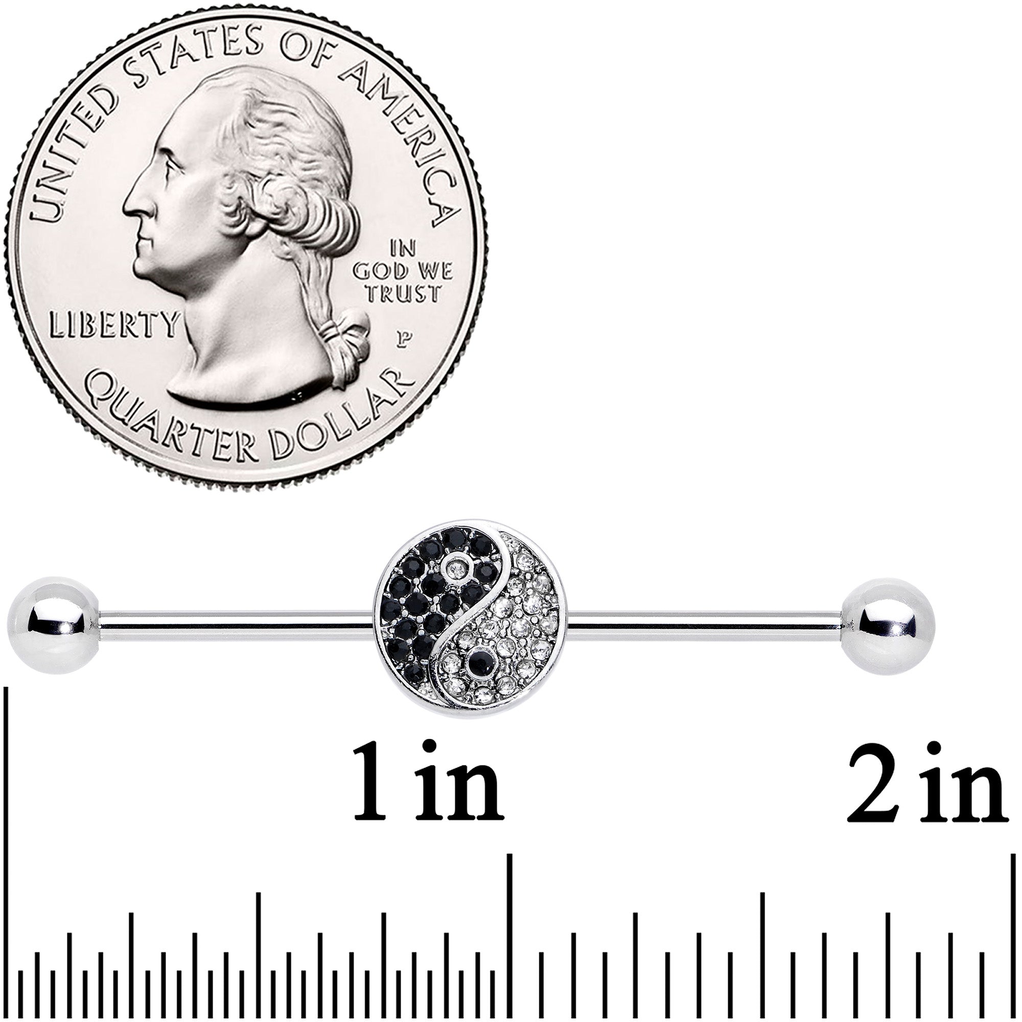 14G Clear Black Gem Yin Yang Industrial Barbell 38mm