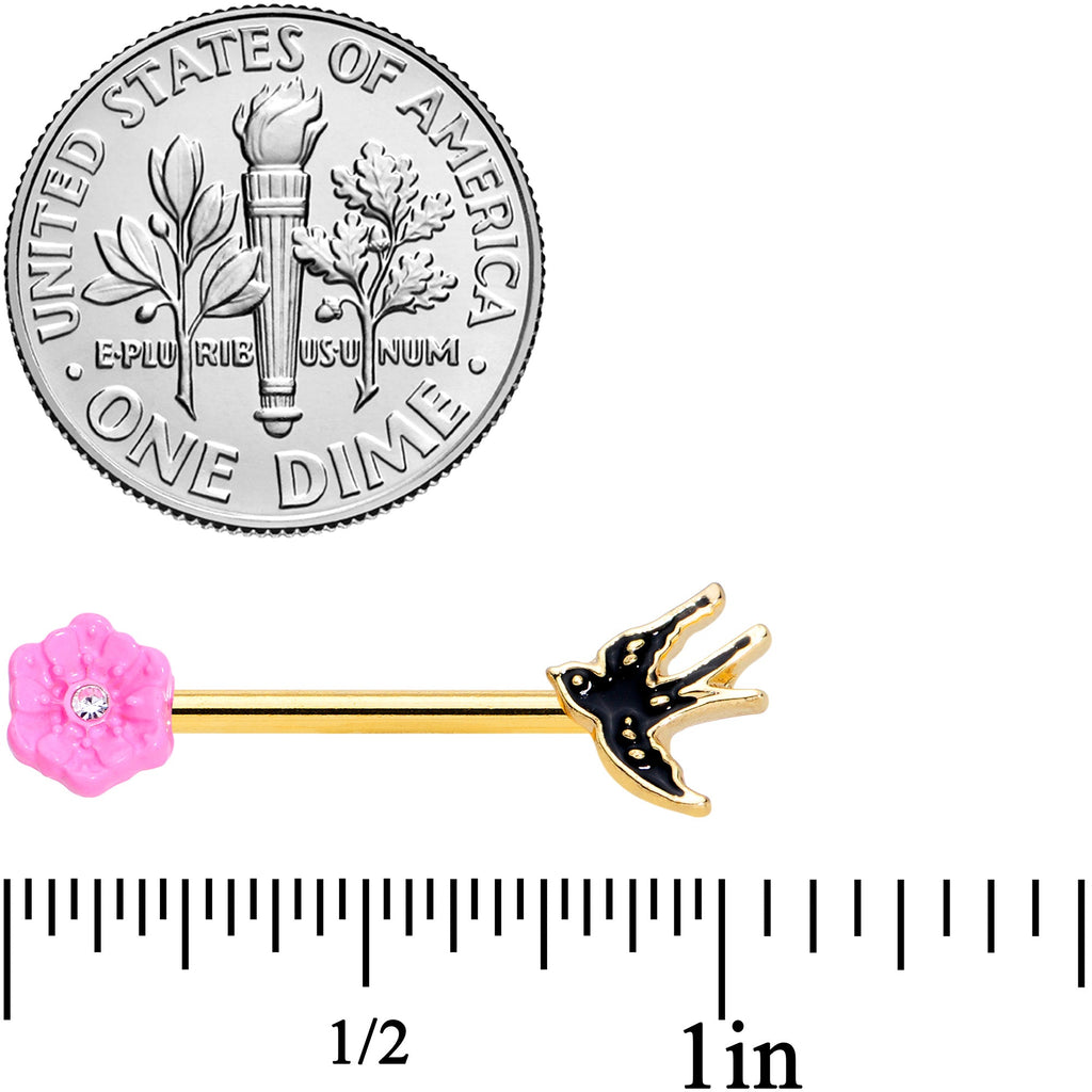 14G 9/16 Clear Gem Gold Hue Tattoo Bird Flower Nipple Ring Set