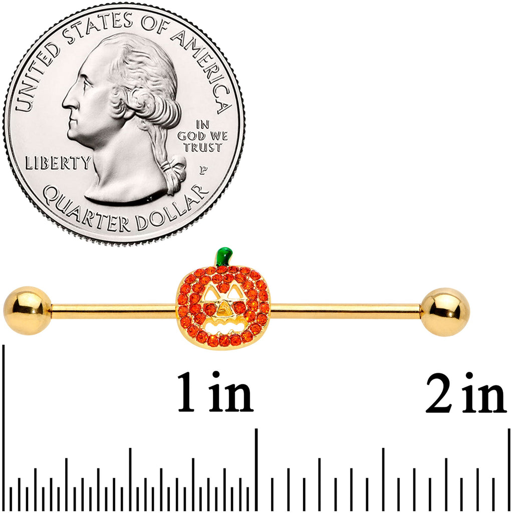 14G Orange Gem Gold Tone Jack O Lantern Industrial Barbell 38mm