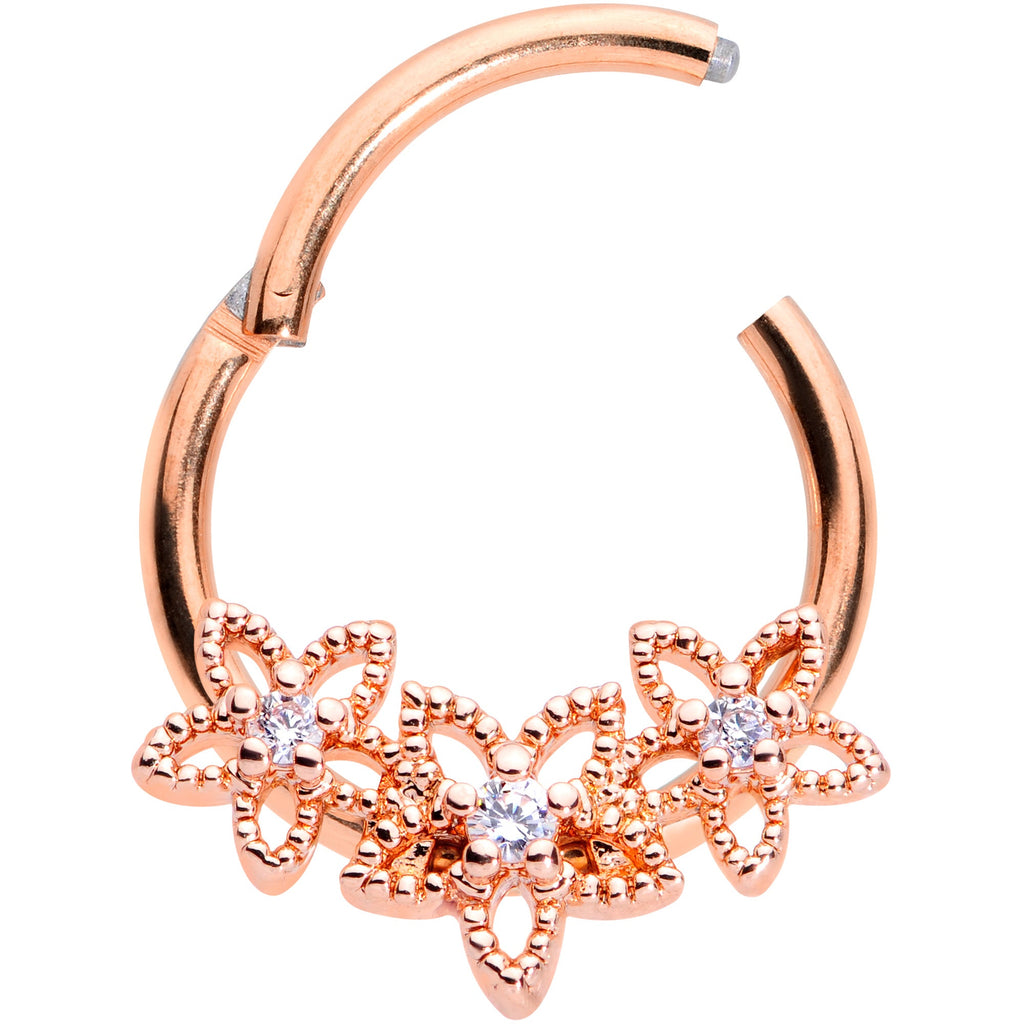 16G 3/8 Clear CZ Gem Rose Gold Tone Floral Hinged Segment Ring
