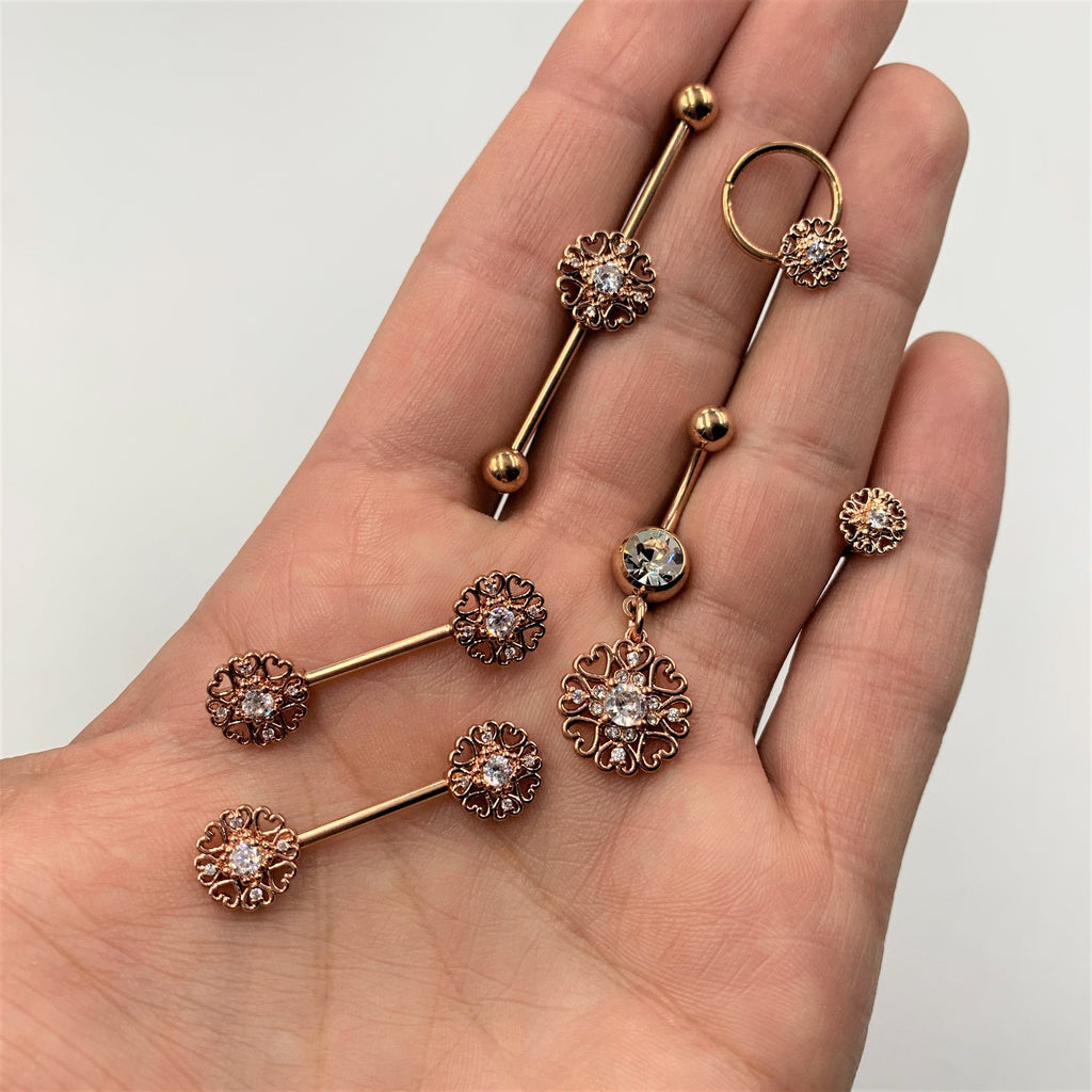 20G 5/16 Clear CZ Gem Rose Gold Tone Heart Love Nose Bone