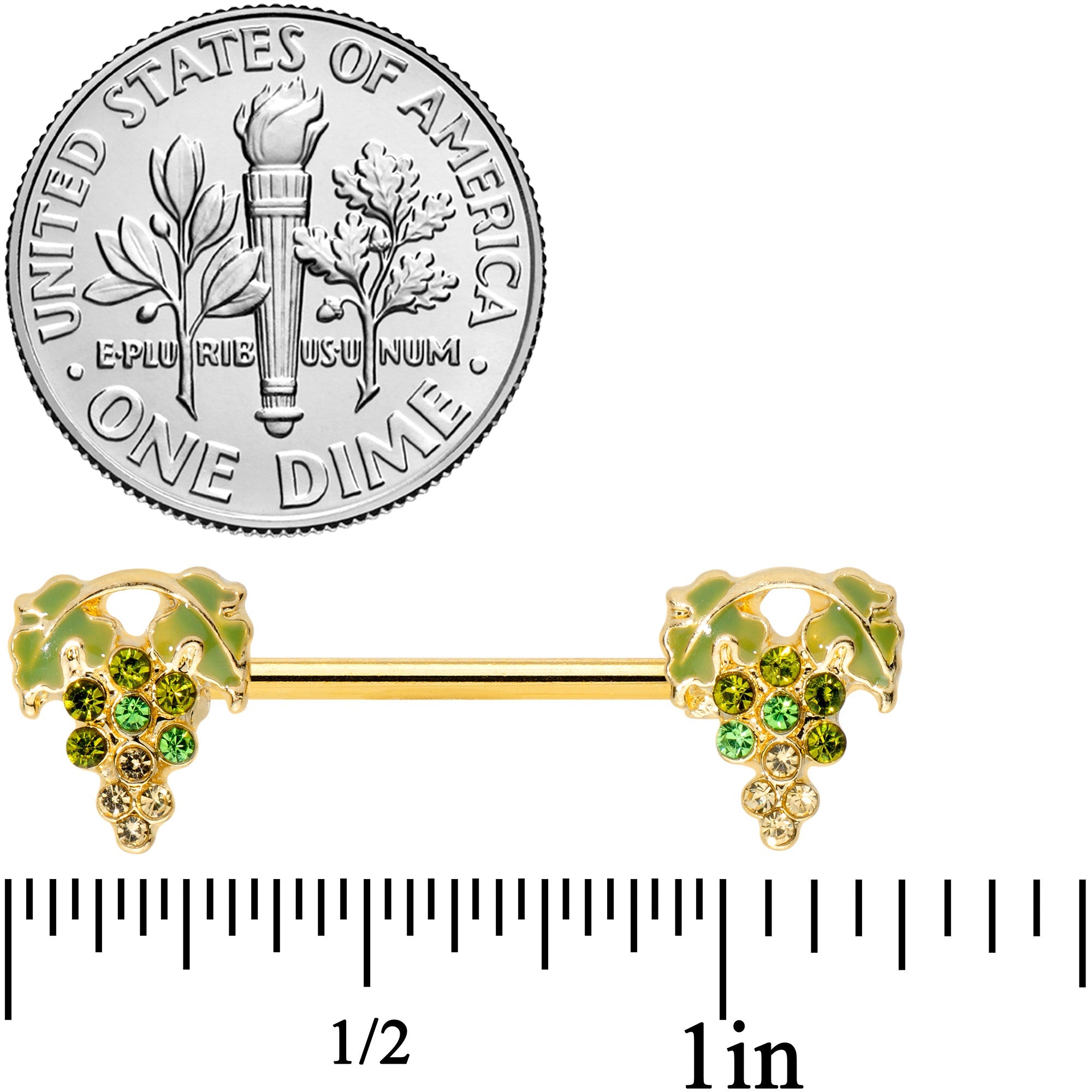 14G 9/16 Green Gem Gold Tone Bunch Grapes Barbell Nipple Ring Set