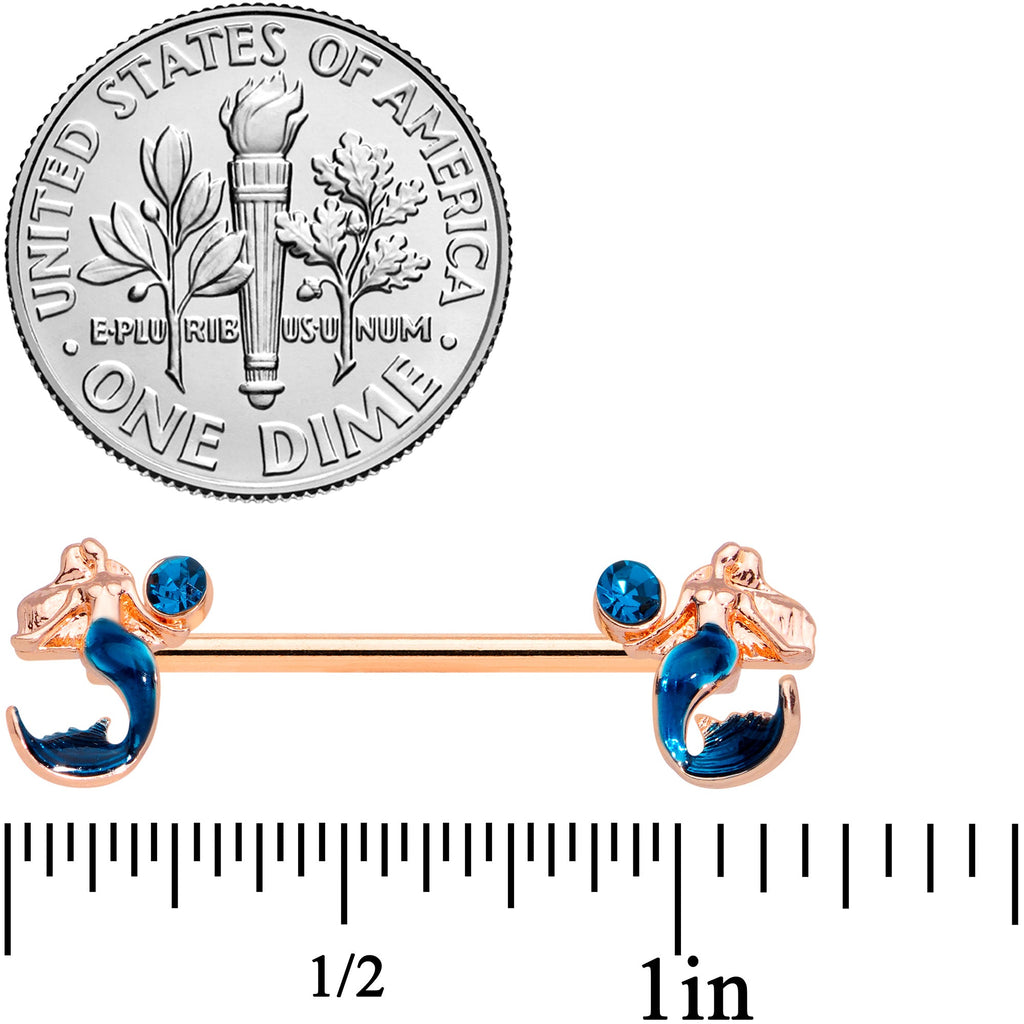 14G 9/16 Aqua Gem Rose Gold Tone Mermaid Nipple Ring Set