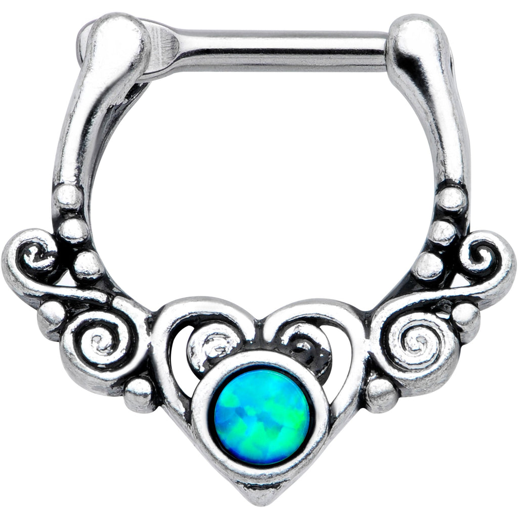 16G 3/8 Green Synthetic Opal Winged Heart Cartilage Clicker