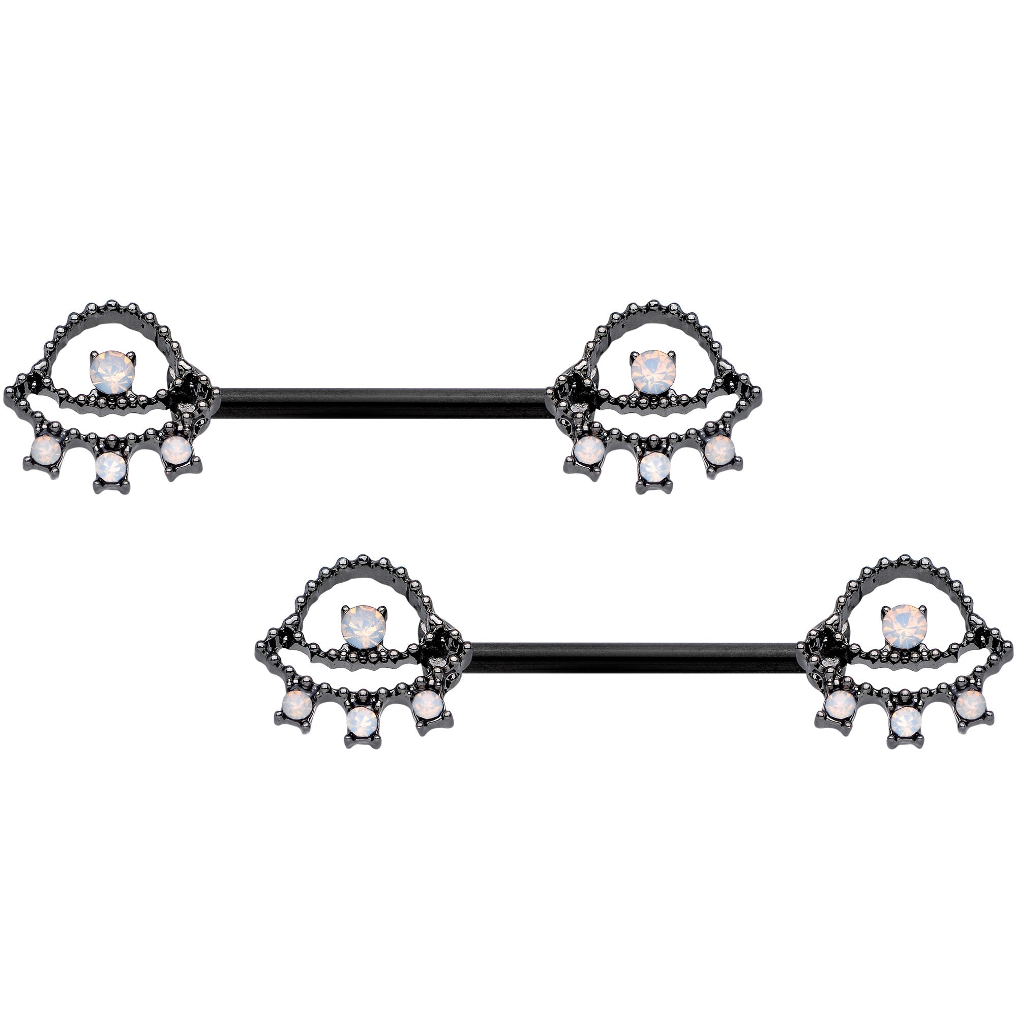 14G 9/16 White Faux Opal Black UFO Barbell Nipple Ring Set