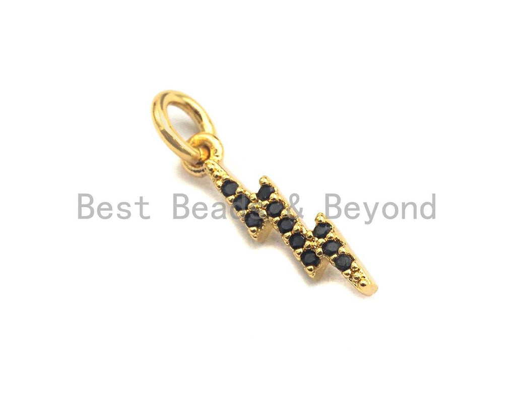 CZ Colorful Pave Thunder Lightning Bolt Charm/Pendant, Green/Black CZ Thunder Shaped Pave Pendant, Gold plated, 4x15mm, Sku#Z418