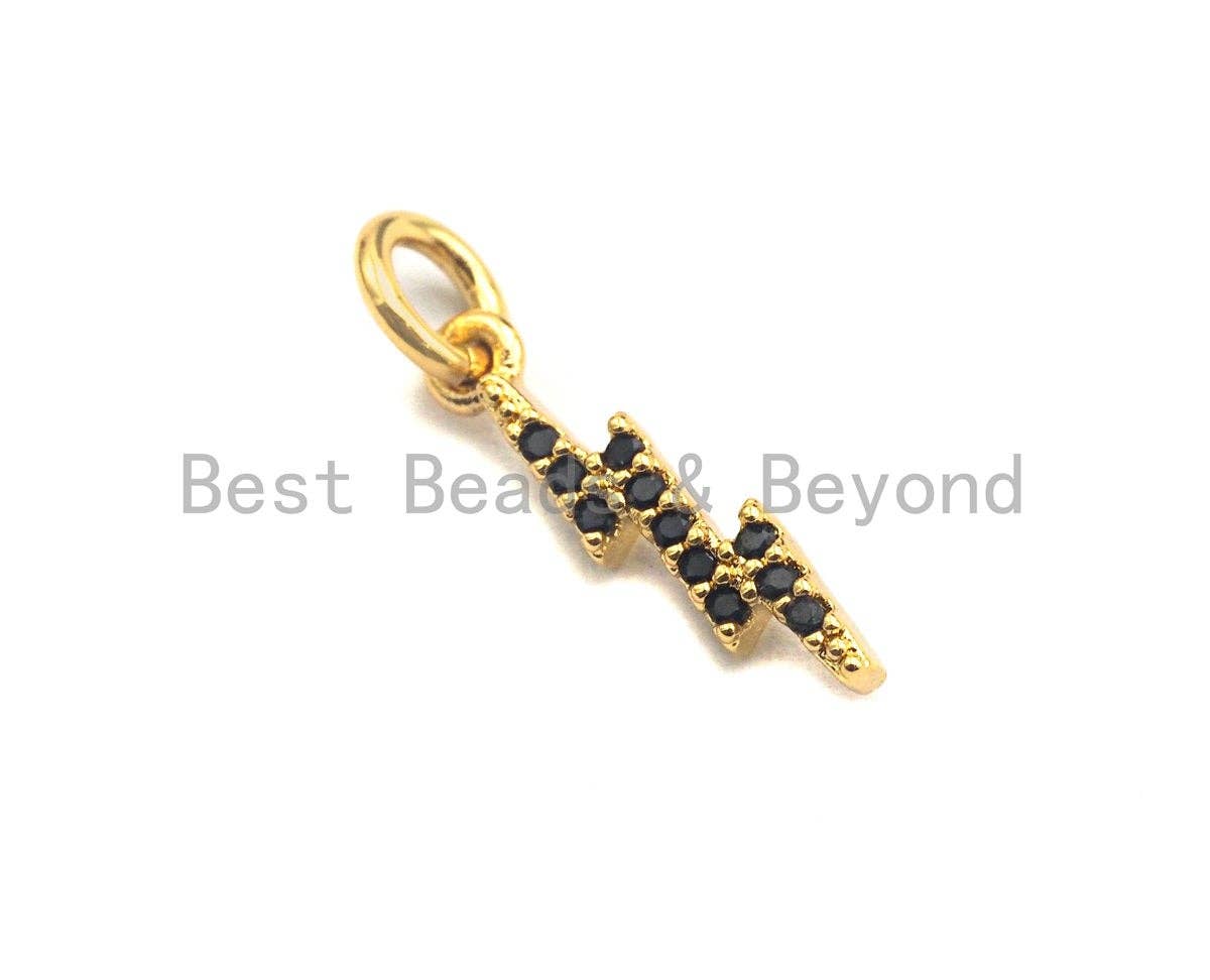 CZ Colorful Pave Thunder Lightning Bolt Charm/Pendant, Green/Black CZ Thunder Shaped Pave Pendant, Gold plated, 4x15mm, Sku#Z418