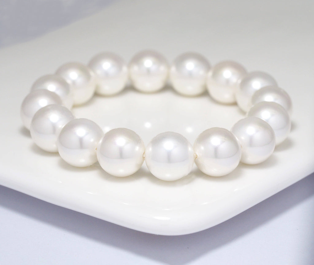 Natural Round Smooth White MOP Stretchy Bracelet, 8mm/10mm/12mm, Sku#EF277