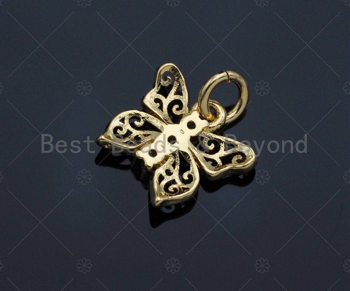 CZ Micro Pave Filigree Butterfly Shape Pendant, Cubic Zirconia Pendant Charm, Cute Pave Findings, Gold/Silver, 12x10mm, Sku#Z1164