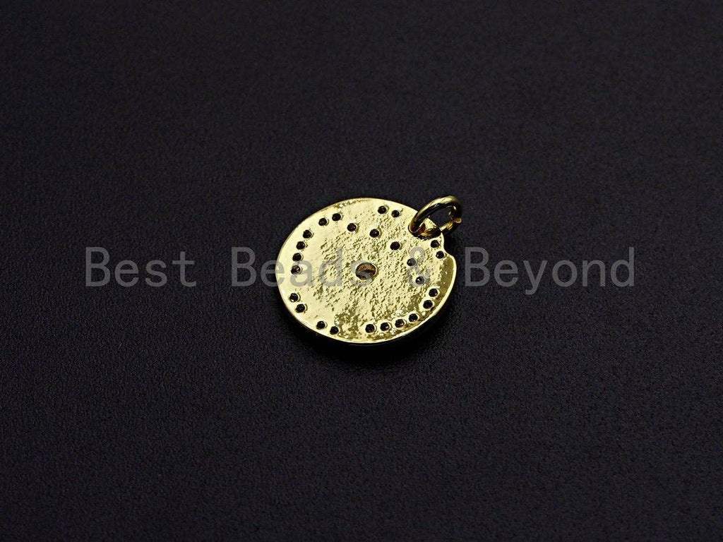 Clear CZ Micro Pave Evil Eye on Disc Pendant/Charm, Embossment Brass Lucky eye Cubic Zirconia Pendant, Gold Tone, 15mm,Sku#Z765