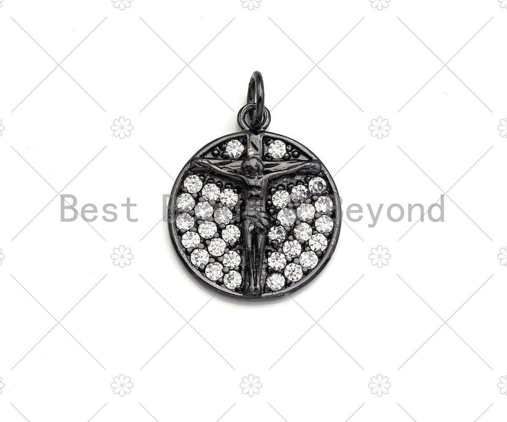 CZ Micro Pave Jesus Cross Round Coin Pendant/Charm, Jesus Charm, Cubic Zirconia Pave Charm, Cross Charm, 16mm, sku#Y296