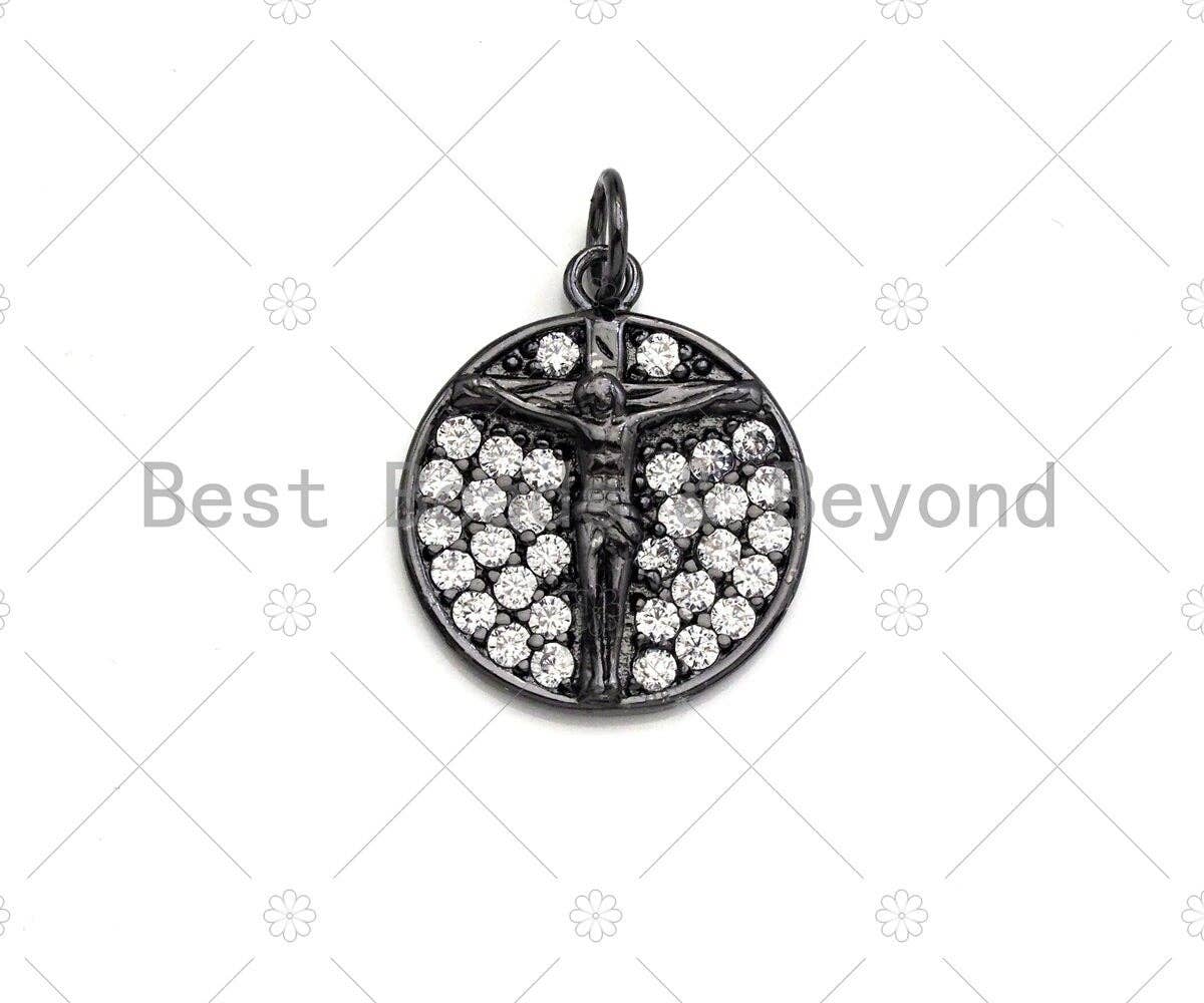 CZ Micro Pave Jesus Cross Round Coin Pendant/Charm, Jesus Charm, Cubic Zirconia Pave Charm, Cross Charm, 16mm, sku#Y296