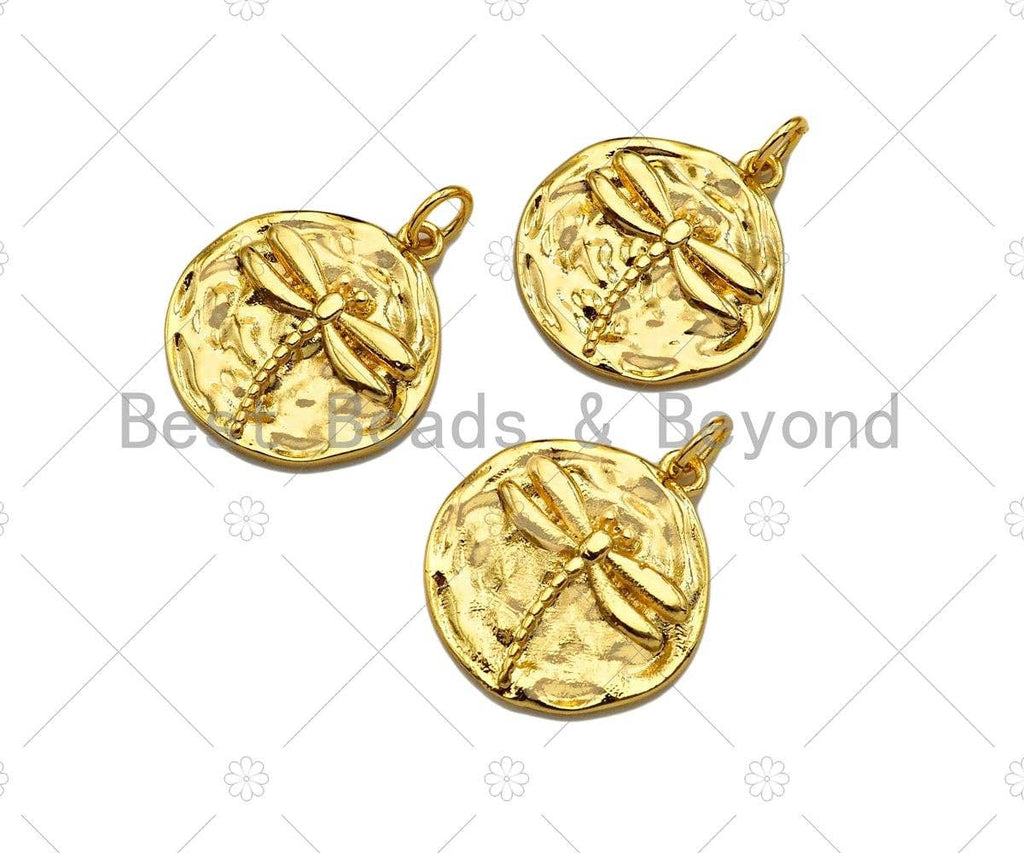 Dainty Dragonfly On Round Coin Shape Pendant/Charm, Gold Dragonfly Medallion Charm, Necklace Bracelet Charm Pendant,18x20mm, Sku#Z1274