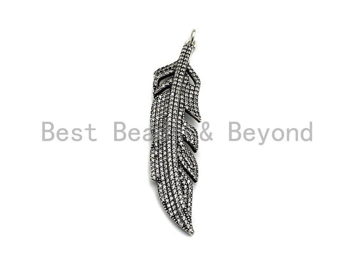CZ Micro Pave Feather Pendant, Antique Silver Tone, Clear Cubic Zirconia Big Pave Feather Charm Pendant, 14x58mm,sku#F1011