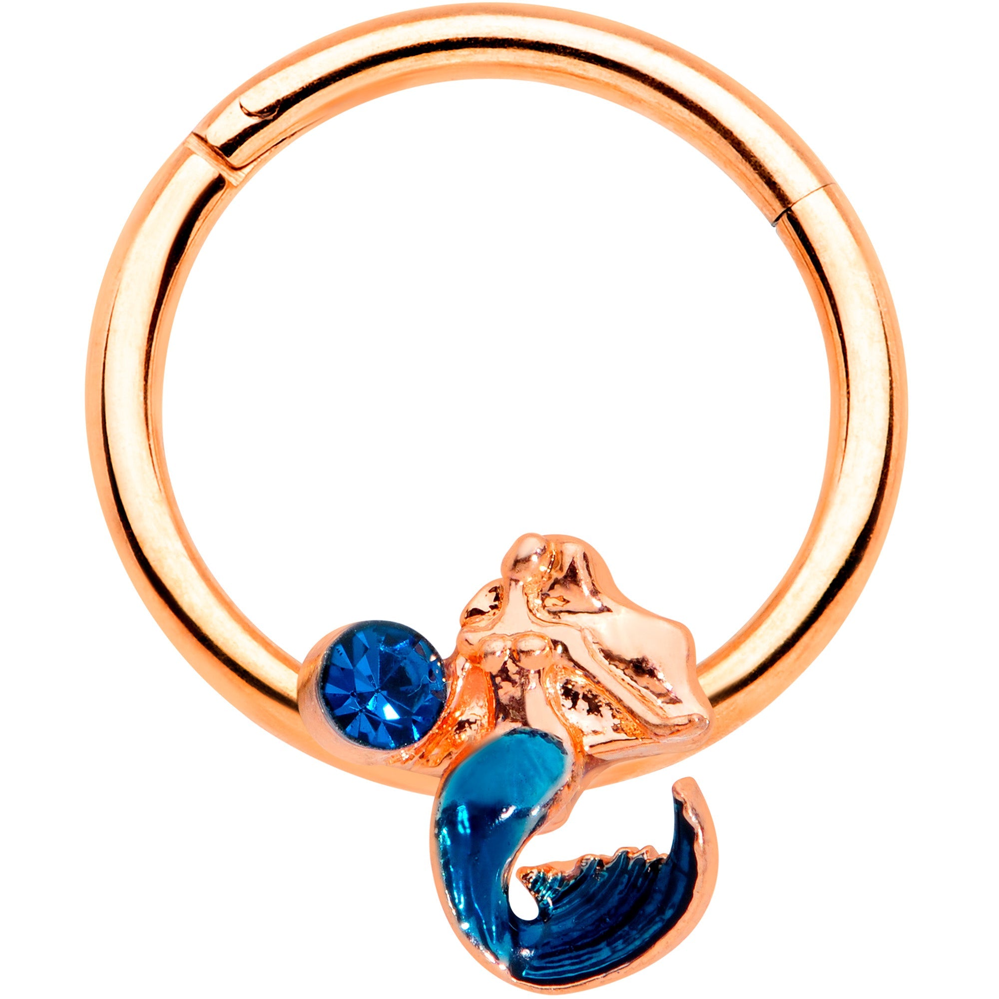 16G 3/8 Aqua Gem Rose Gold Tone Mermaid Hinged Segment Ring