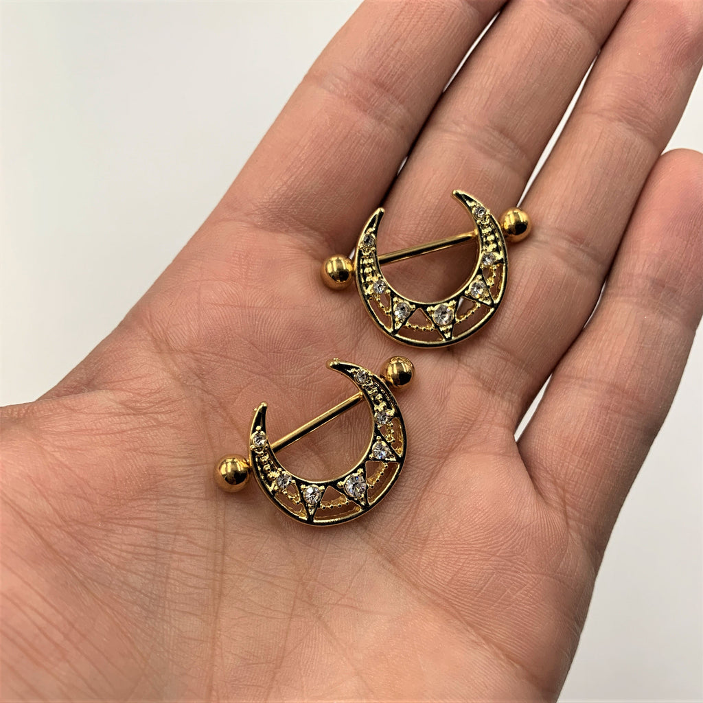 14G 5/8 Clear Gem Gold Tone Open Crescent Nipple Shield Set