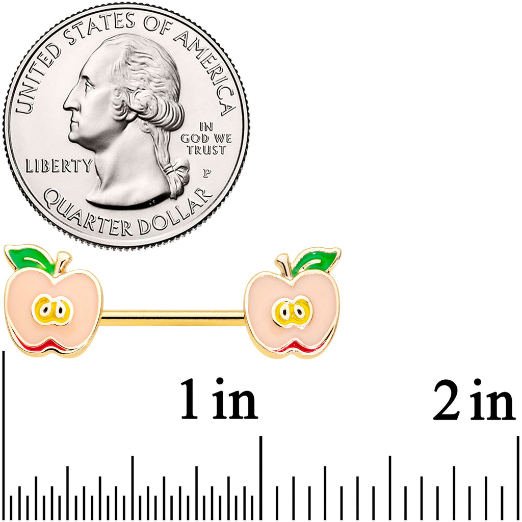 14G 9/16 Gold Tone Sweet Apple Barbell Nipple Ring Set