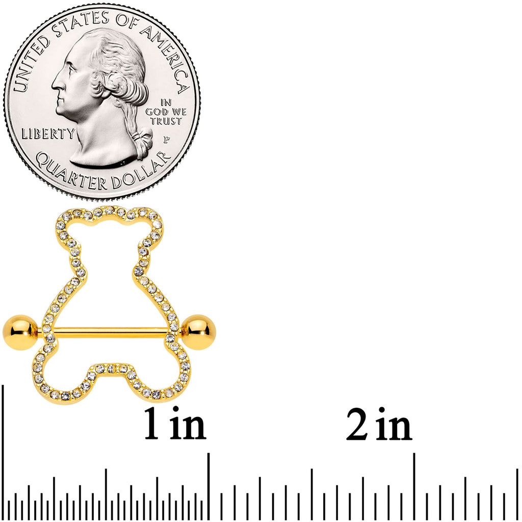 14G 5/8 Clear Gem Gold Tone Teddy Bear Nipple Shield Set