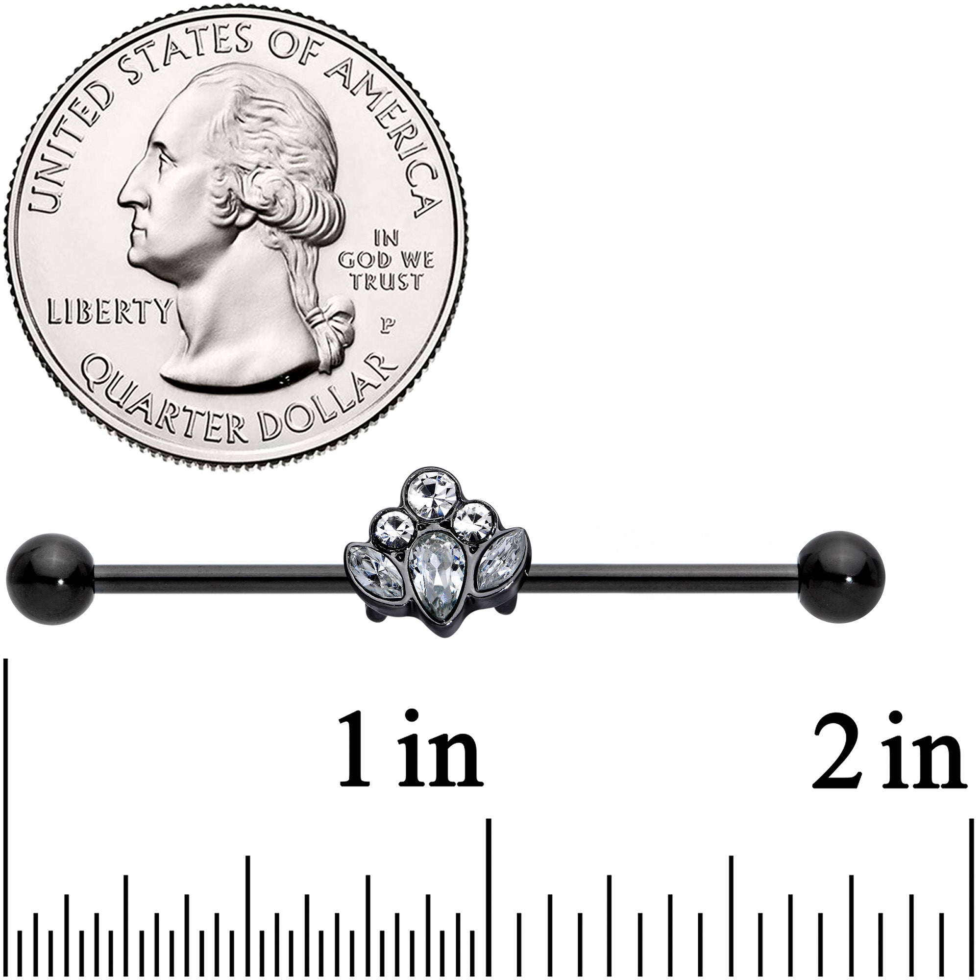 14G Clear Gem Black Anodized Classic Cluster Industrial Barbell 38mm