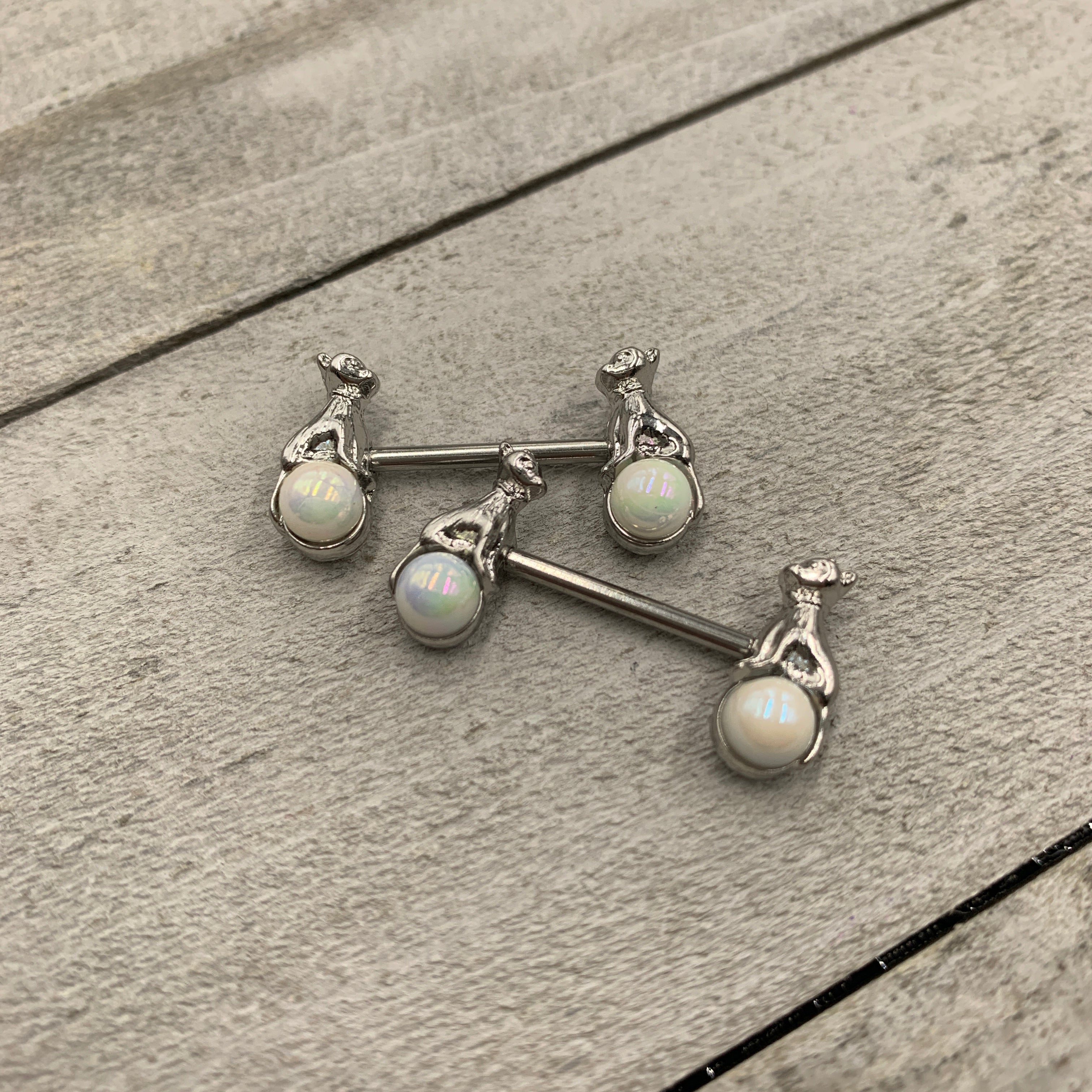 14G 9/16 White Orb Baby Bear Barbell Nipple Ring Set