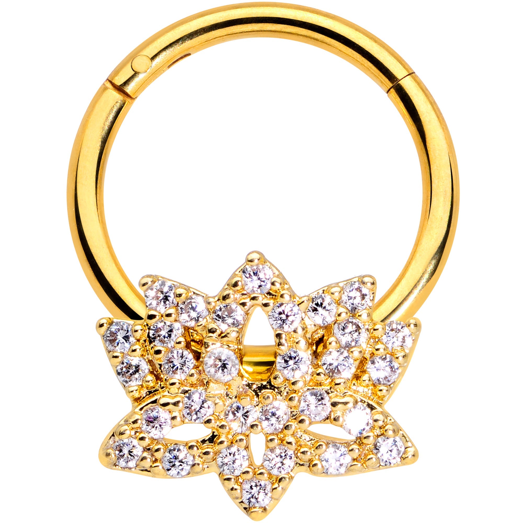 16G 3/8 Clear CZ Gem Gold Tone Lotus Flower Hinged Segment Ring