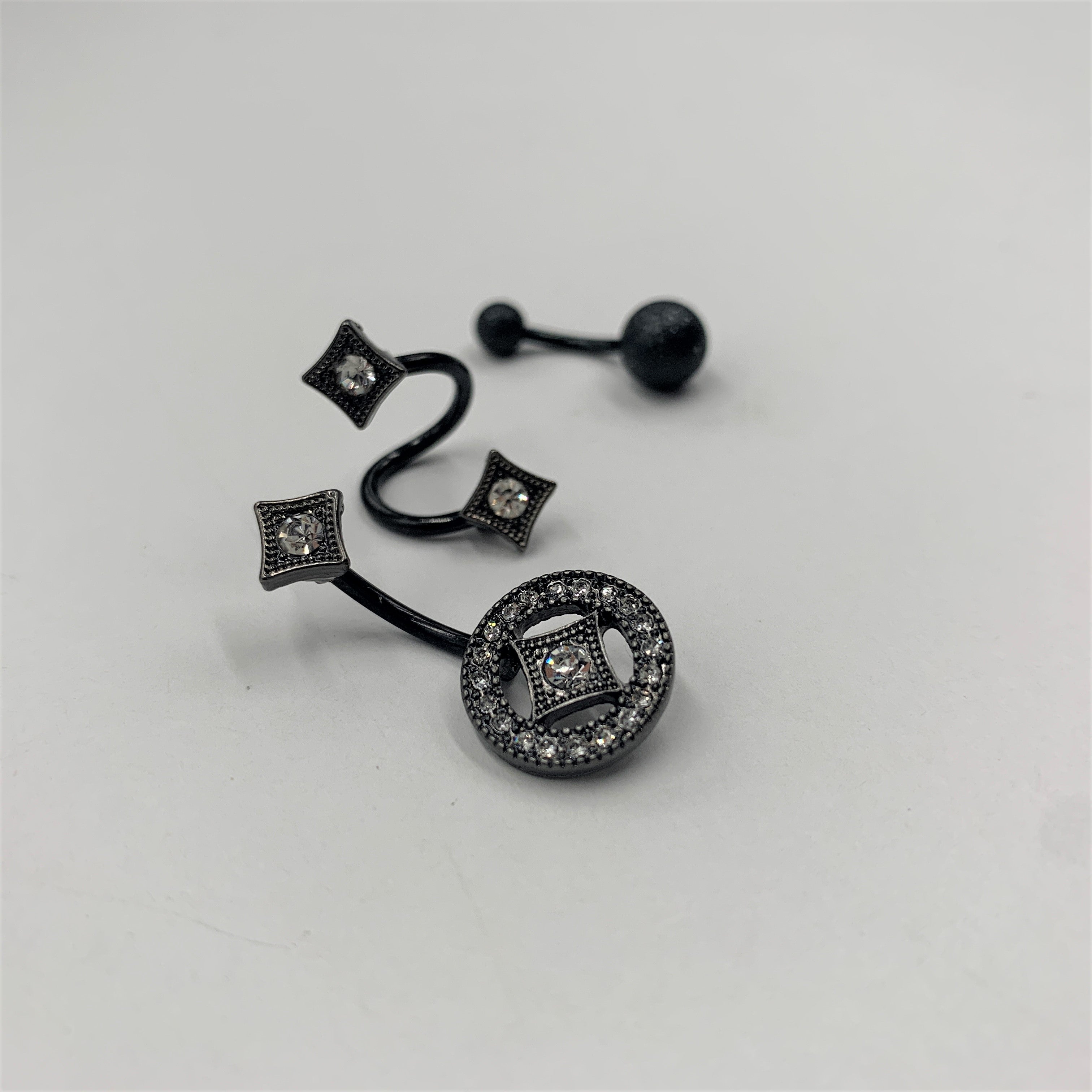 Clear Gem Black Sandblasted Spiral Circle Belly Ring Set of 3