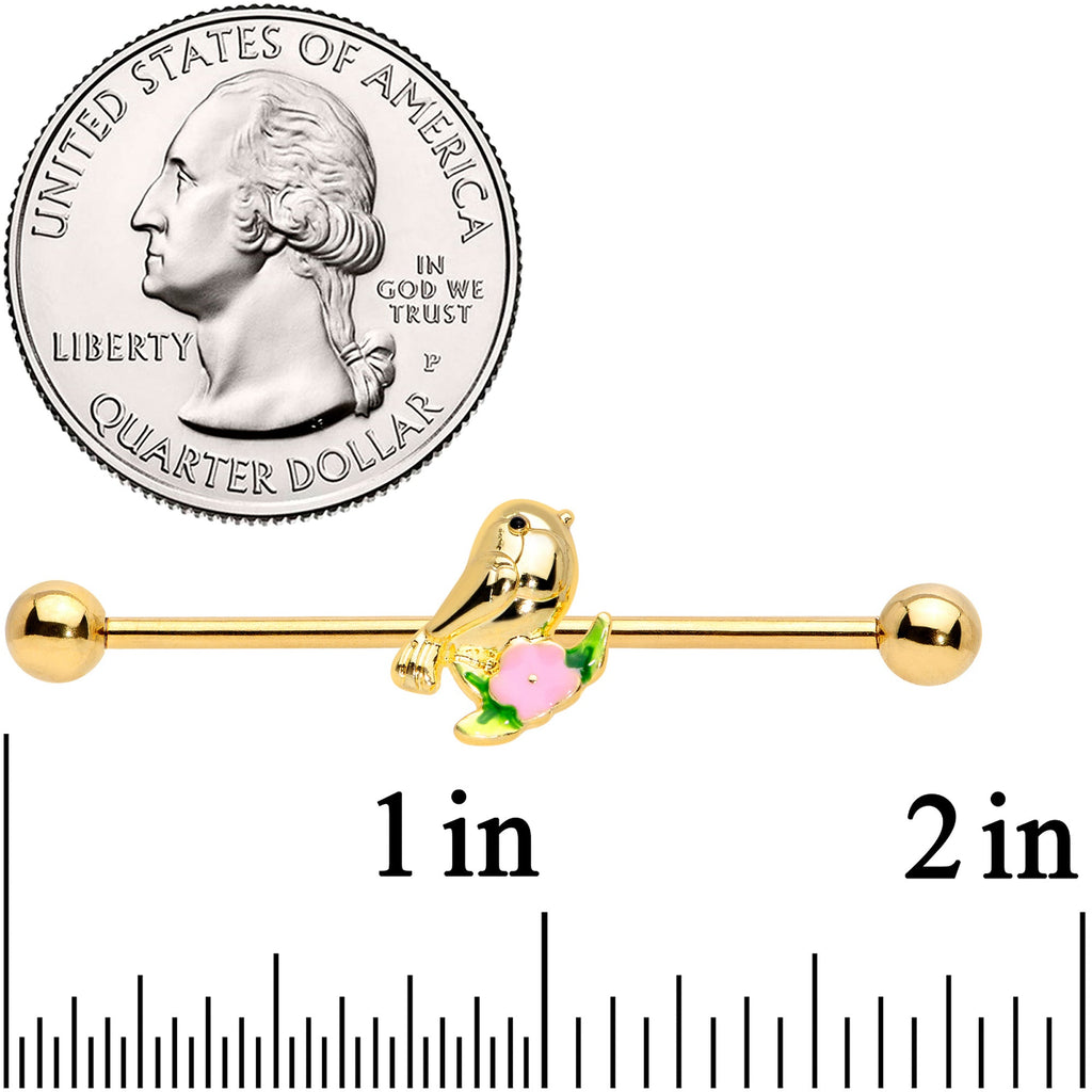 14G Gold Tone Bird Pink Flower Industrial Barbell 38mm