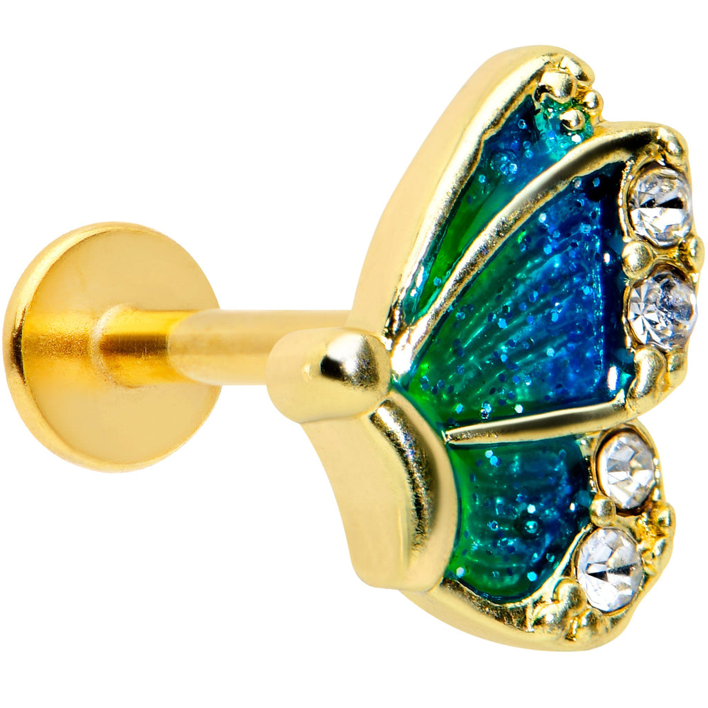 16G 5/16 Clear Gem Gold Tone Blues Butterfly Labret Monroe Tragus