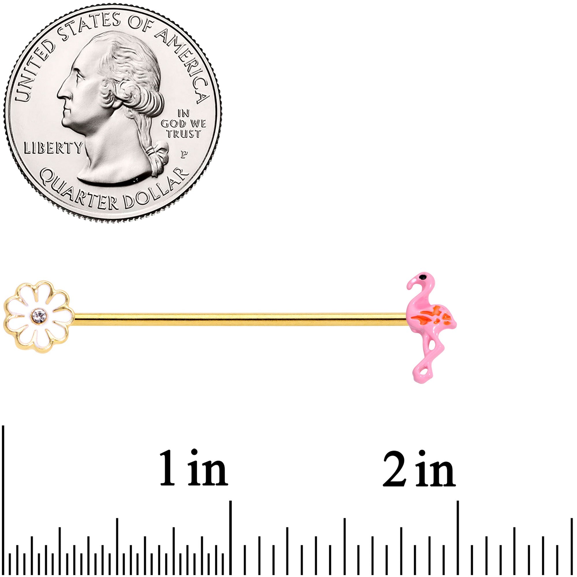 14G Clear Gem Gold Hue Flower Flamingo Industrial Barbell 38mm
