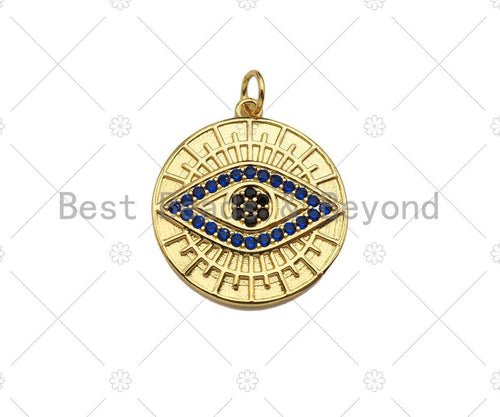 CZ Micro Pave Cobalt Blue Evil Eye On Round Coin Pendant/Charm,Cubic Zirconia Charm, Necklace Bracelet Charm Pendant,20x23mm, Sku#Y364