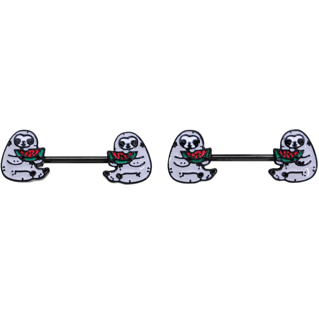 14G 9/16 Black Watermelon Sloth Barbell Nipple Ring Set