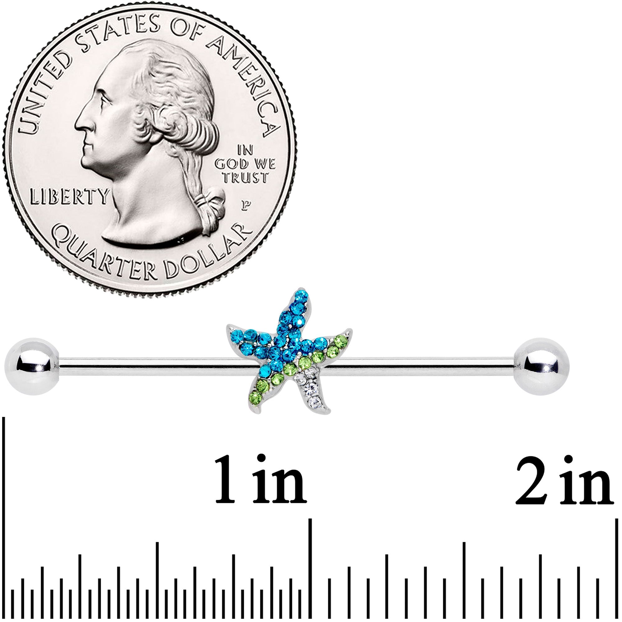 14G Blue Green Gem Glam Starfish Industrial Barbell 38mm