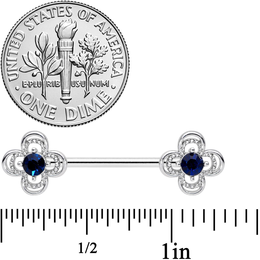 14G 9/16 Blue Gem Stylized Deco Cross Barbell Nipple Ring Set