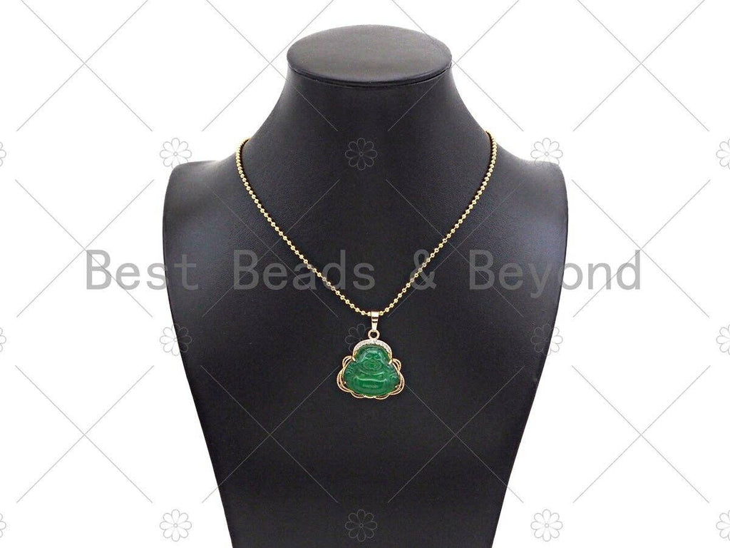 Green Jade Laughting Buddha CZ Pendant, Religious Buddhism Dainty Gold Pendant, Jadite Necklace Bracelet Pendant Charm,29x28mm, Sku#U1153