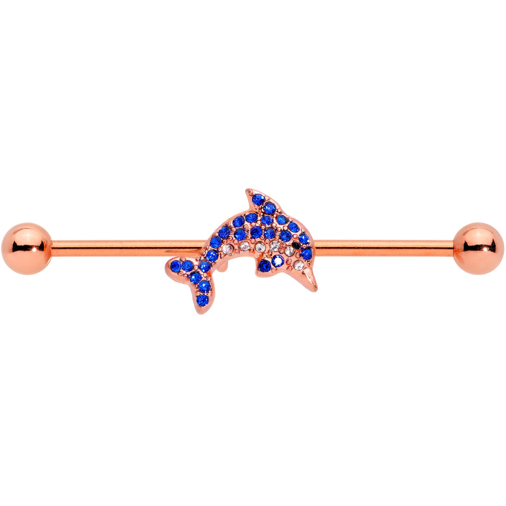 14G Blue Gem Rose Gold Tone Dolphin Industrial Barbell 38mm