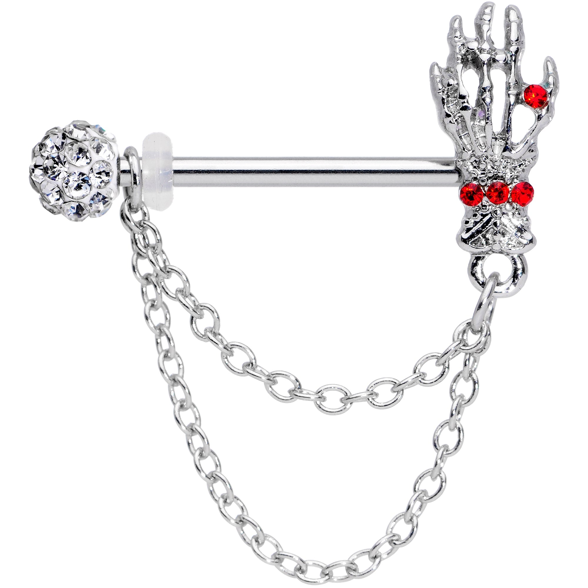 14G 9/16 Red Gem Skeleton Hands Halloween Dangle Nipple Ring Set