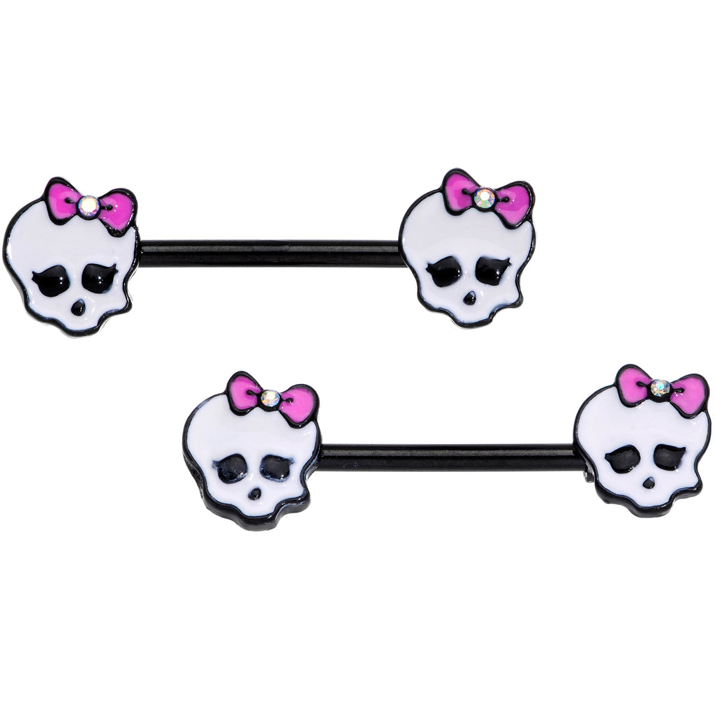 14G 9/16 Aurora Gem Black Kawaii Skull Barbell Nipple Ring Set