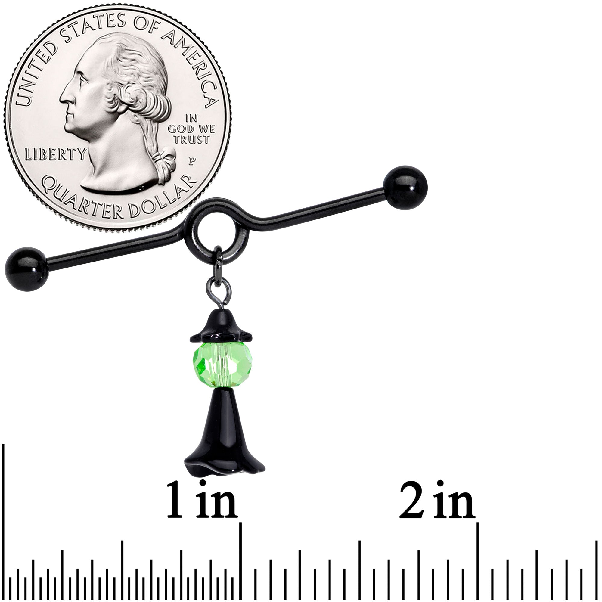 14G Green Gem Black Witch Halloween Dangle Project Bar 38mm
