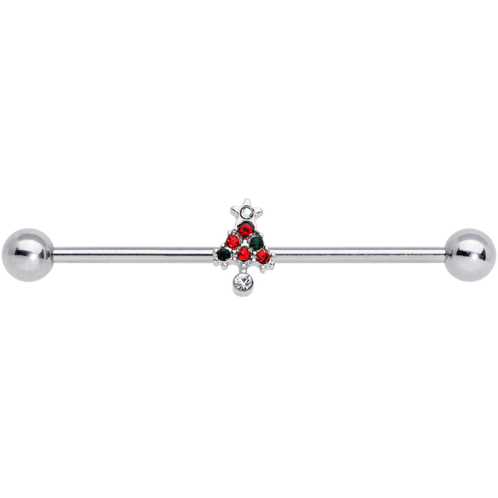 14G Clear Red Green Gem Christmas Tree Industrial Barbell 38mm