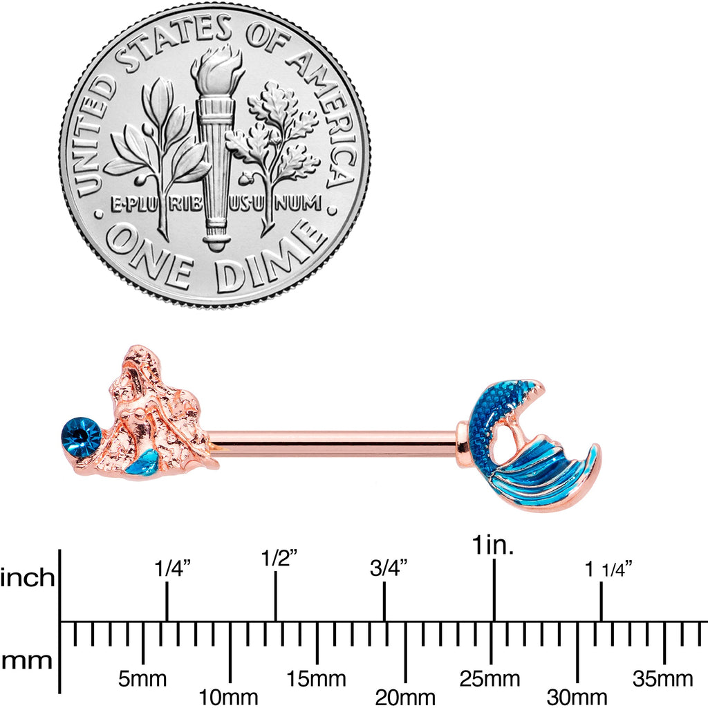 14G 9/16 Aqua Gem Rose Gold Tone Gazing Mermaids Nipple Ring Set
