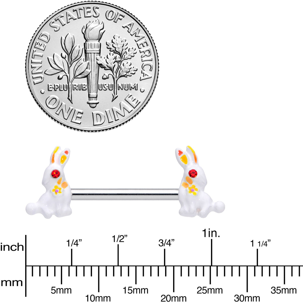 14G 9/16 Red Gem White Easter Rabbit Barbell Nipple Ring Set